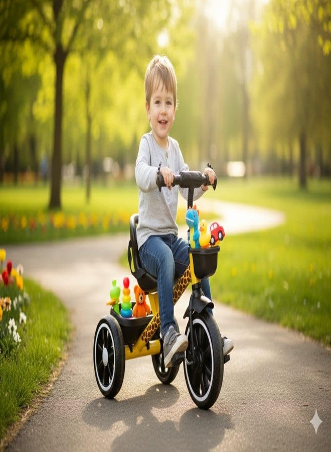 JoyRide JoySafari Kids Tricycle with Parental Handle, Animal-Themed Design, Black and Yellow, Giraffe and Zebra Pattern, 2-5 Years, Outdoor Adventure Ride (GiraffeGlide+ Yellow) - Image 3